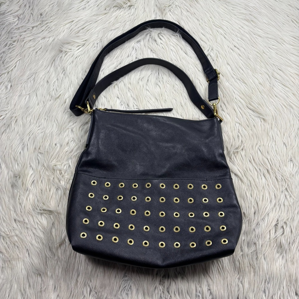 Fossil Amelia Boho Bag Black Pebble Leather Gold-Tone Grommet Crossbody Shoulder